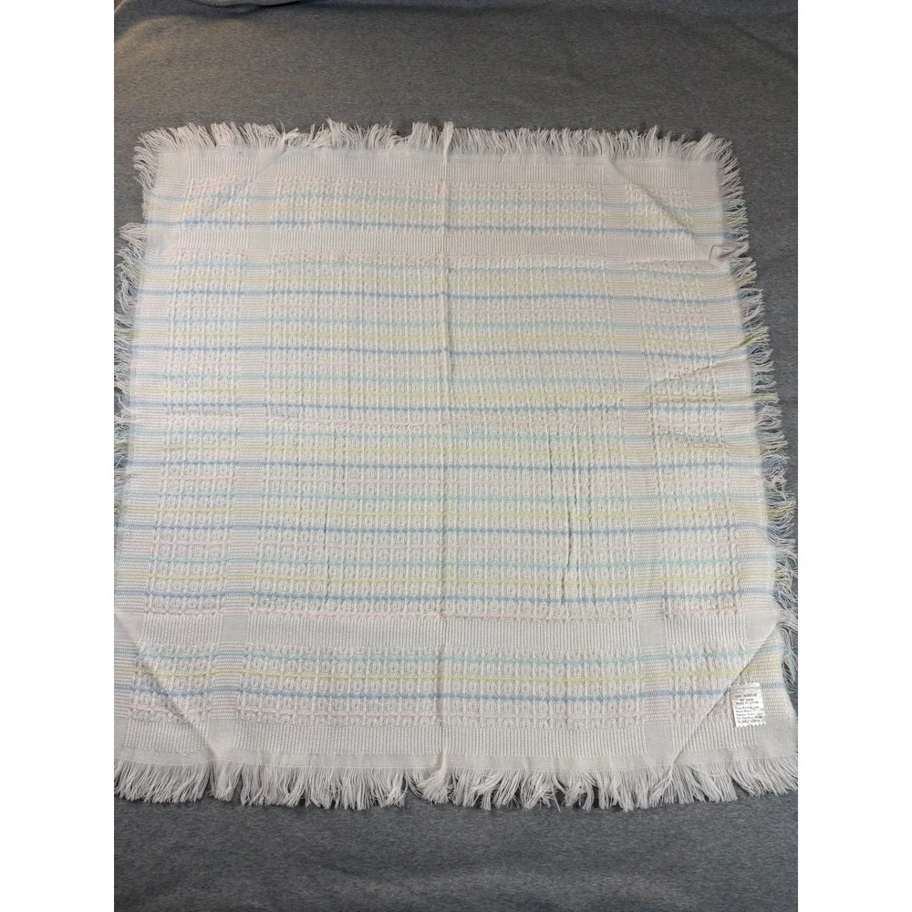 Vintage Woven Baby Blanket Pastel Stripes White Fringe Acrylic Made in Japan